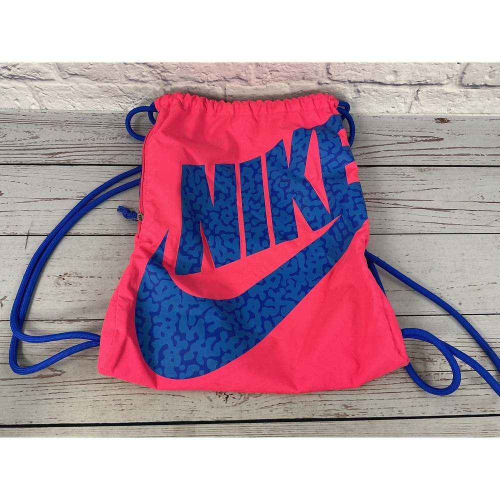 Nike Drawstring Bag Cinch Sack Gym Backpack Pink Blue Patterned Logo Side Zip